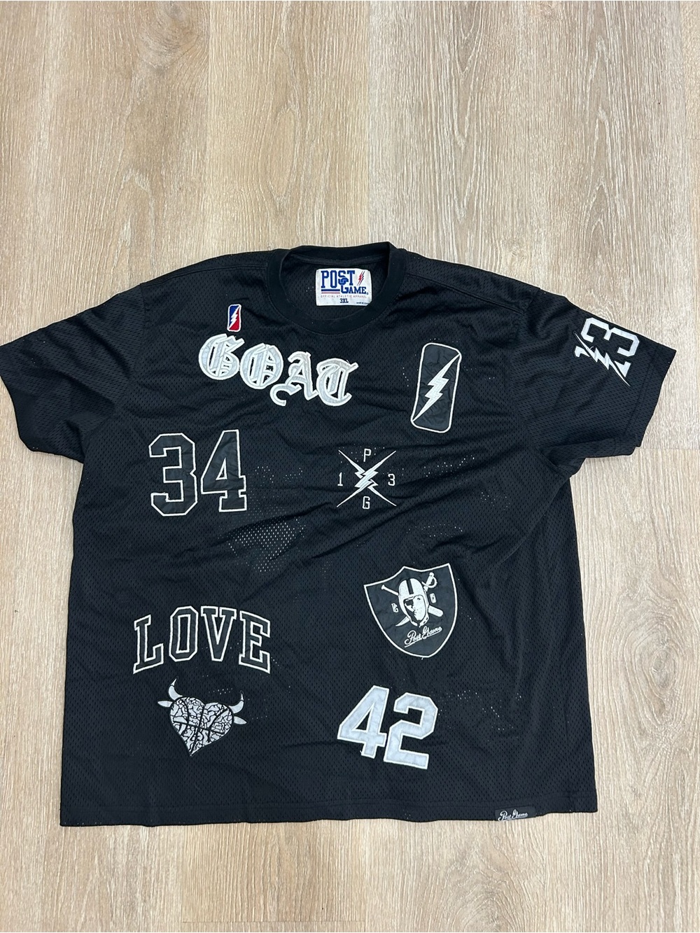 Post Game Men's Black Mesh Multi Patch Jersey Tee Shirt GOAT Champion 3XL
